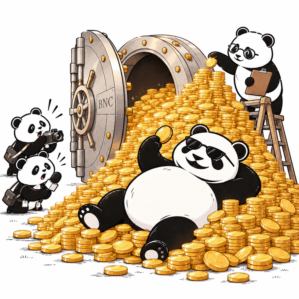 Fat Panda on gold coins outside a BNC vault